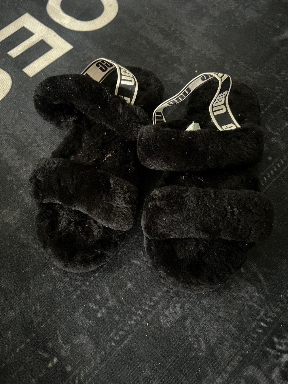UGG Black Plush Double-Strap Slide with Branded Heel Strap